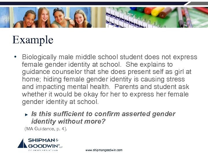 Example • Biologically male middle school student does not express female gender identity at