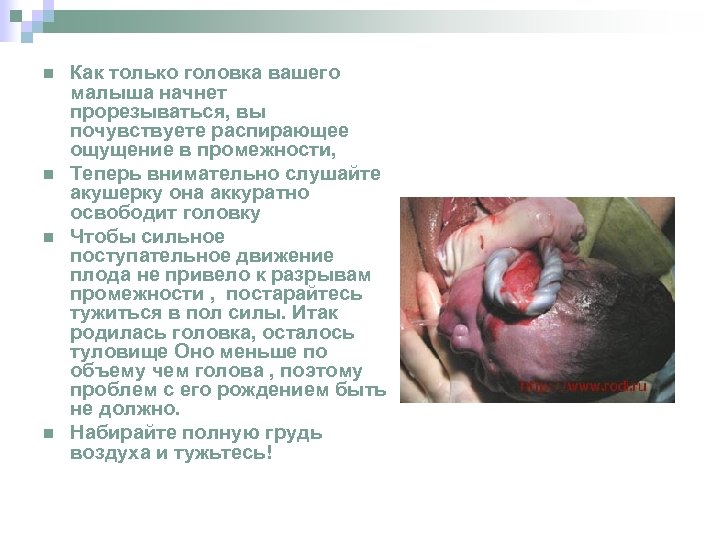 n n Как только головка вашего малыша начнет прорезываться, вы почувствуете распирающее ощущение в