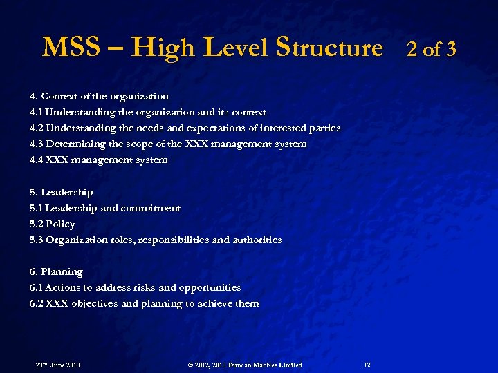 MSS – High Level Structure 4. Context of the organization 4. 1 Understanding the