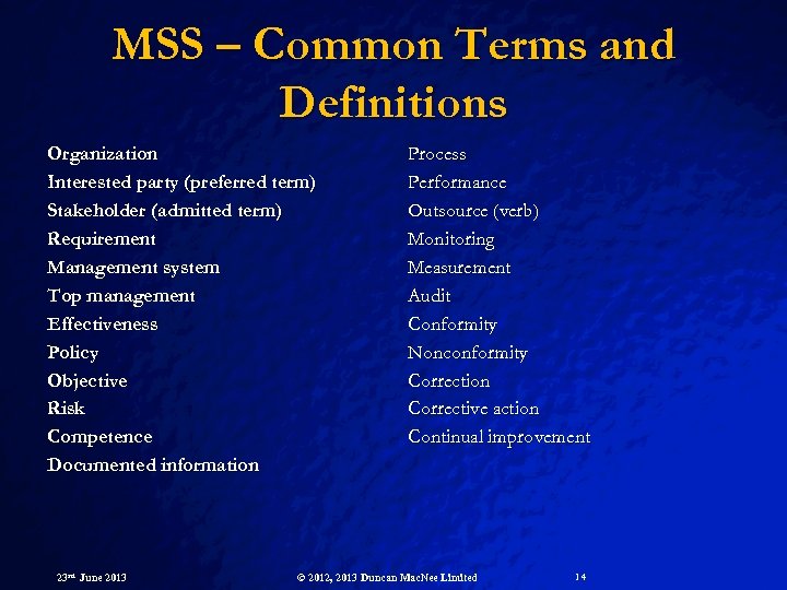 MSS – Common Terms and Definitions Organization Interested party (preferred term) Stakeholder (admitted term)