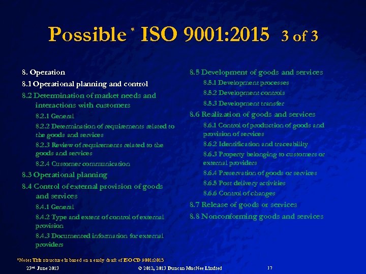 Possible ISO 9001: 2015 * 8. Operation 8. 1 Operational planning and control 8.