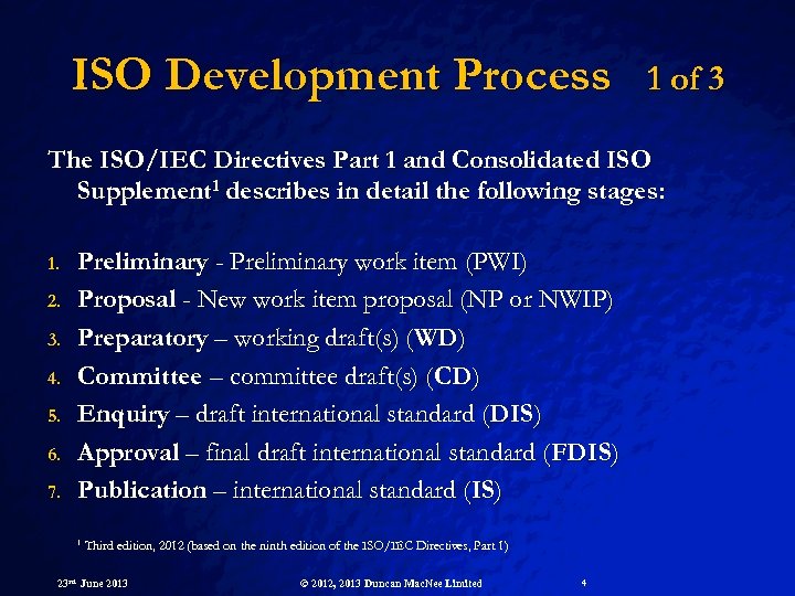 ISO Development Process 1 of 3 The ISO/IEC Directives Part 1 and Consolidated ISO