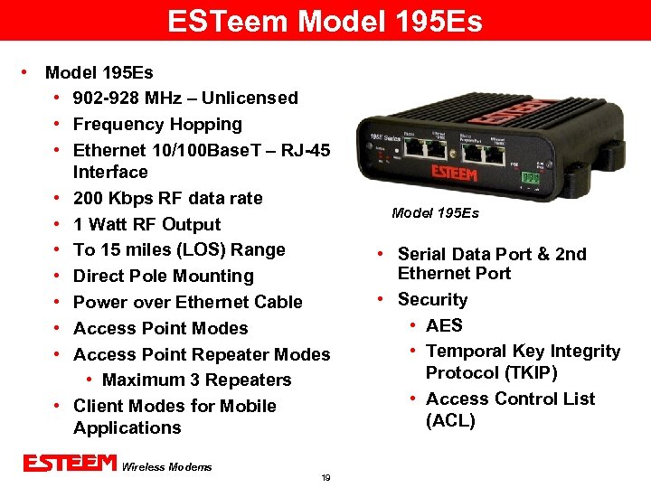 ESTeem Model 195 Es • 902 -928 MHz – Unlicensed • Frequency Hopping •