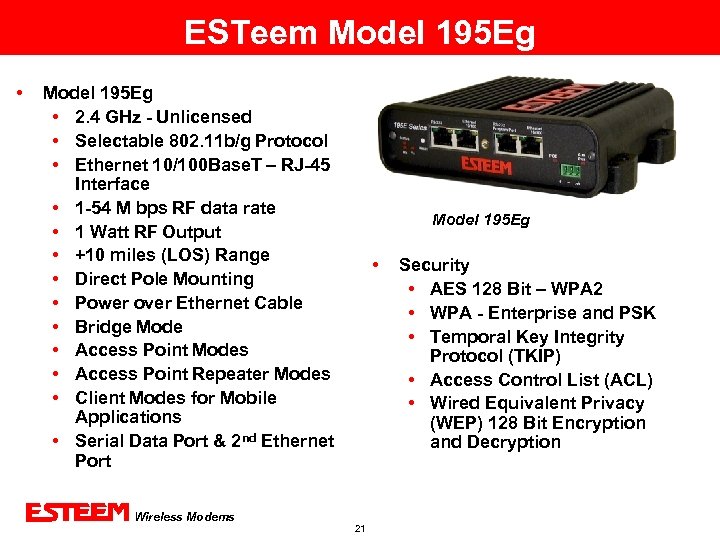 ESTeem Model 195 Eg • 2. 4 GHz - Unlicensed • Selectable 802. 11