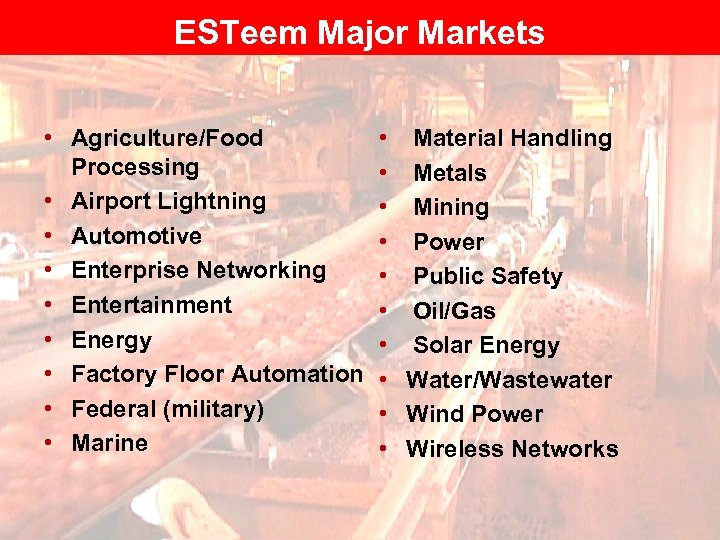 ESTeem Major Markets • Agriculture/Food Processing • Airport Lightning • Automotive • Enterprise Networking