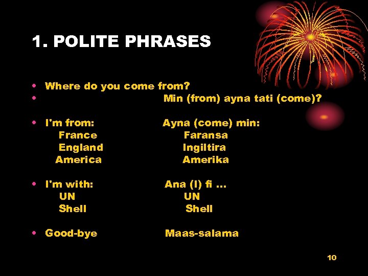 1. POLITE PHRASES • Where do you come from? • Min (from) ayna tati