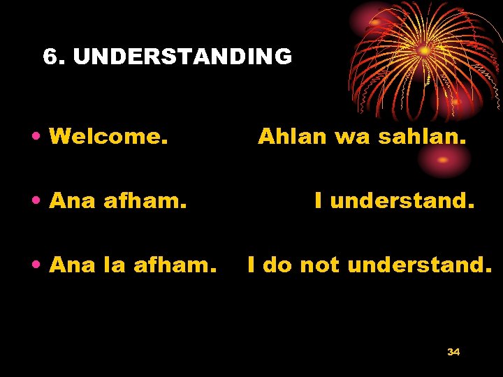6. UNDERSTANDING • Welcome. • Ana afham. • Ana la afham. Ahlan wa sahlan.