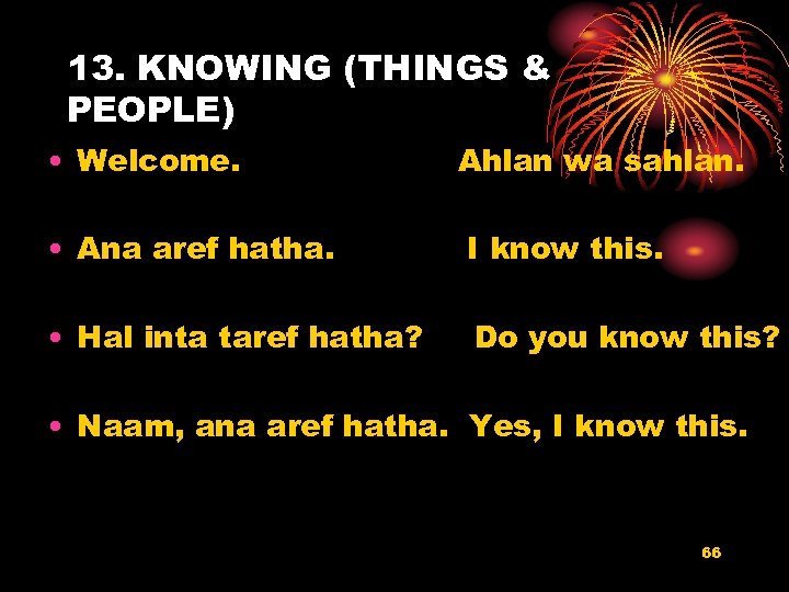13. KNOWING (THINGS & PEOPLE) • Welcome. Ahlan wa sahlan. • Ana aref hatha.