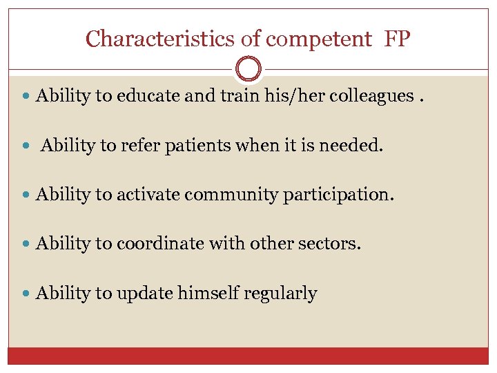 Characteristics of competent FP Ability to educate and train his/her colleagues. Ability to refer