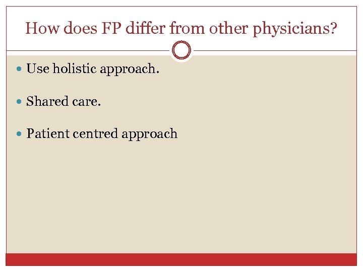 How does FP differ from other physicians? Use holistic approach. Shared care. Patient centred