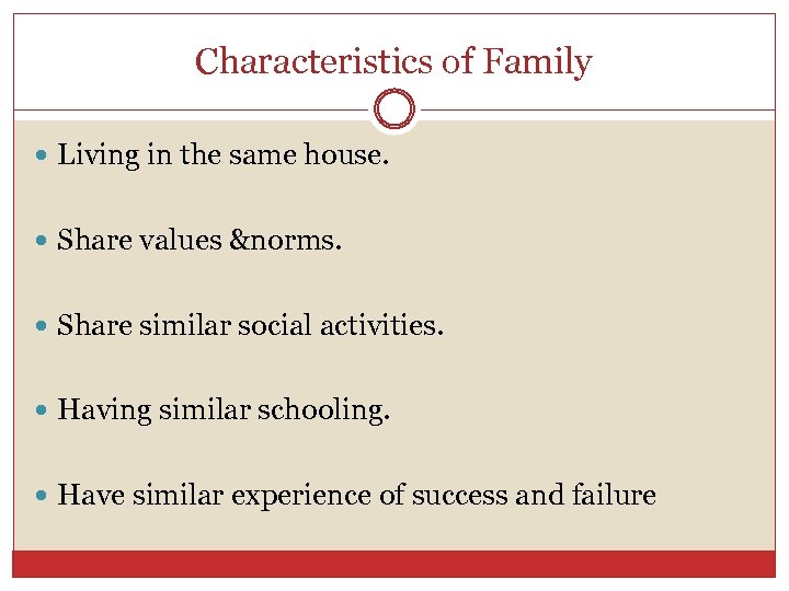 Characteristics of Family Living in the same house. Share values &norms. Share similar social