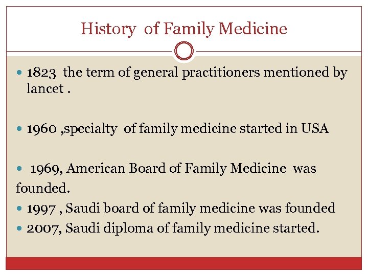 History of Family Medicine 1823 the term of general practitioners mentioned by lancet. 1960