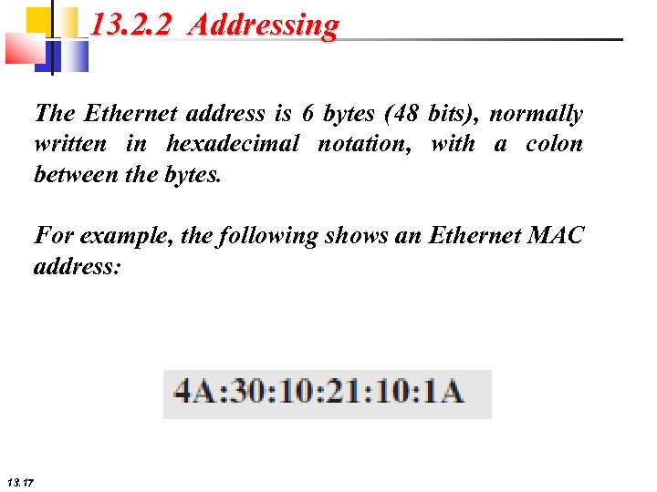 13. 2. 2 Addressing The Ethernet address is 6 bytes (48 bits), normally written