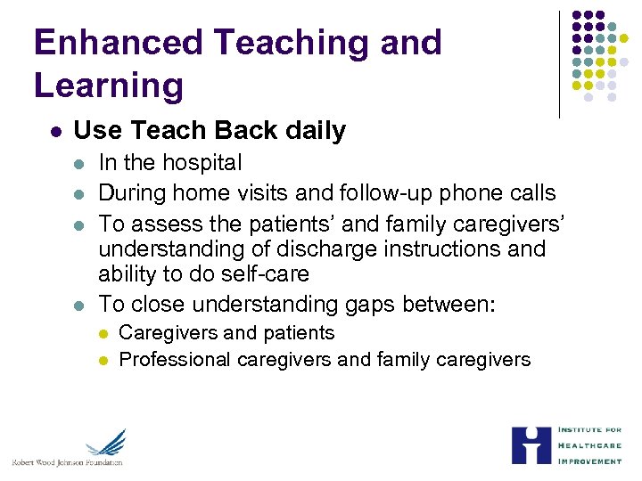 Enhanced Teaching and Learning l Use Teach Back daily l l In the hospital