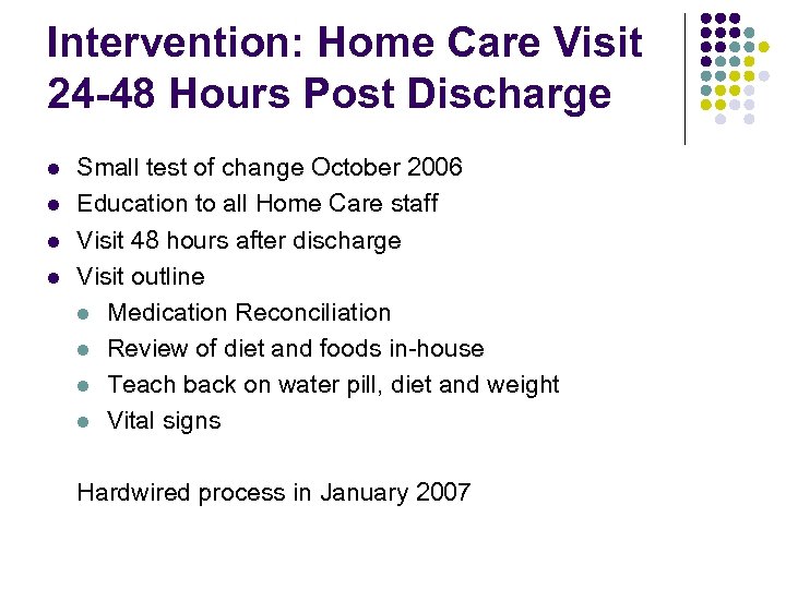 Intervention: Home Care Visit 24 -48 Hours Post Discharge l l Small test of