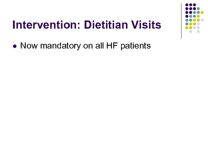 Intervention: Dietitian Visits l Now mandatory on all HF patients 