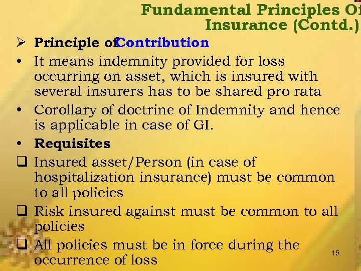 Fundamental Principles Of Insurance (Contd. ) Ø Principle of. Contribution • It means indemnity
