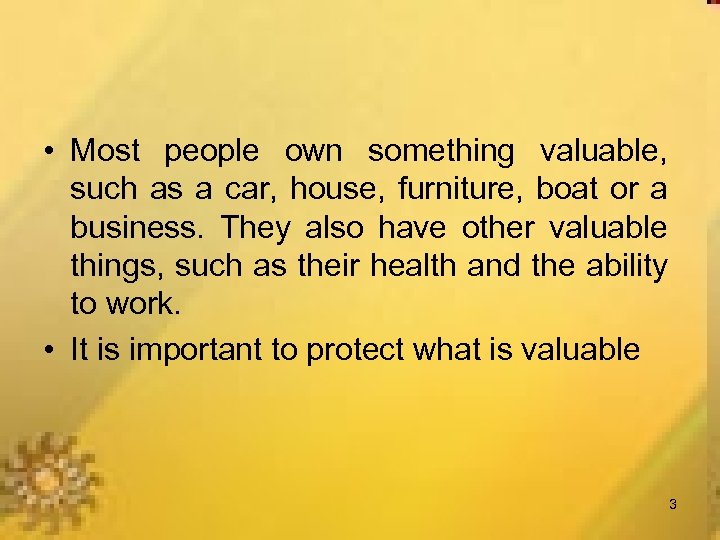  • Most people own something valuable, such as a car, house, furniture, boat