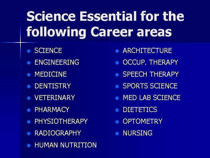 Science Essential for the following Career areas l SCIENCE l ARCHITECTURE l ENGINEERING l