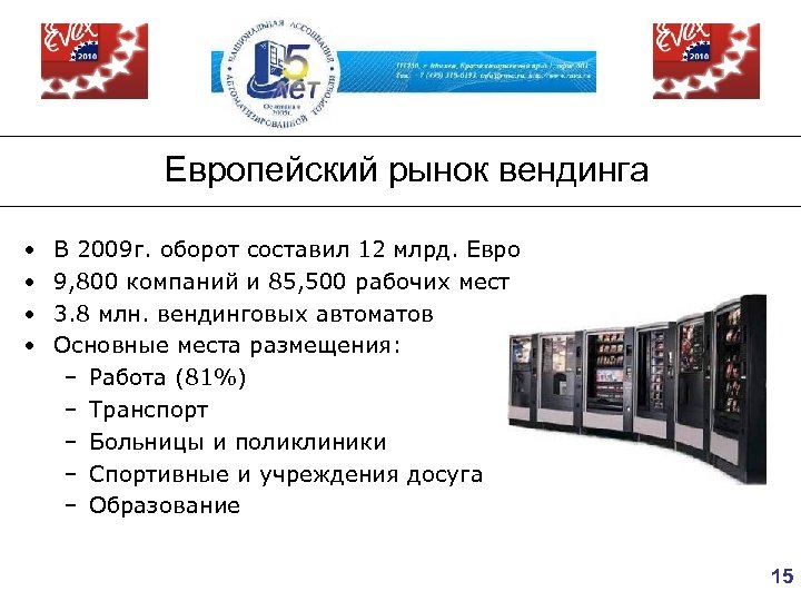 Европейский рынок вендинга • • В 2009 г. оборот составил 12 млрд. Евро 9,