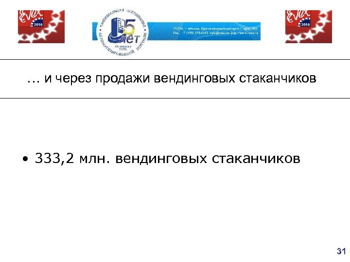 … и через продажи вендинговых стаканчиков • 333, 2 млн. вендинговых стаканчиков 31 