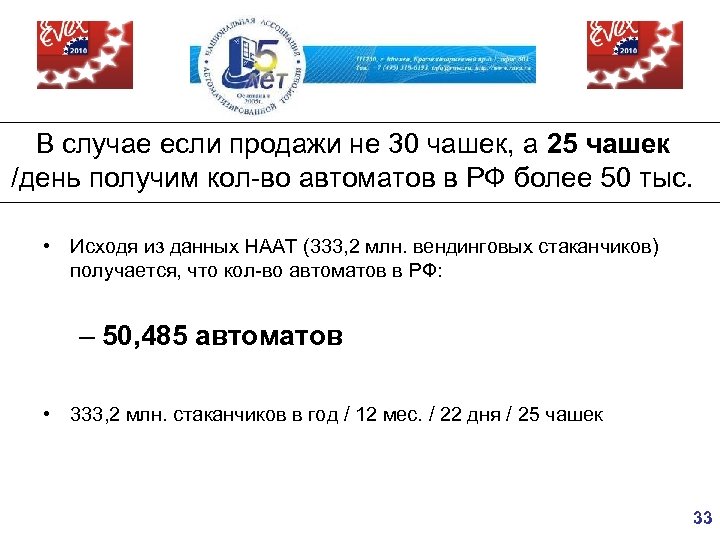 В случае если продажи не 30 чашек, а 25 чашек /день получим кол-во автоматов