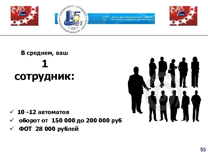 В среднем, ваш 1 сотрудник: ü 10 -12 автоматов ü оборот от 150 000