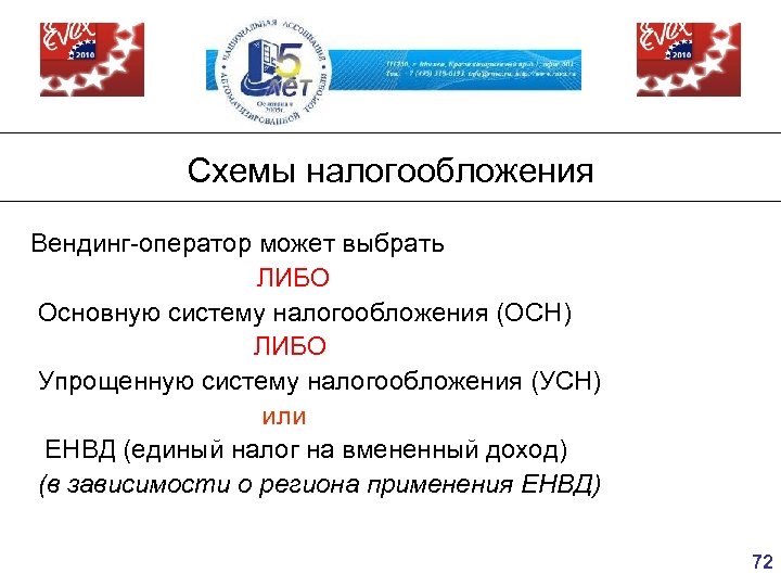 Схемы налогообложения Вендинг-оператор может выбрать ЛИБО Основную систему налогообложения (ОСН) ЛИБО Упрощенную систему налогообложения