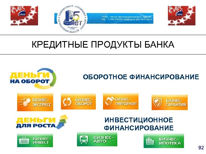 КРЕДИТНЫЕ ПРОДУКТЫ БАНКА ОБОРОТНОЕ ФИНАНСИРОВАНИЕ ИНВЕСТИЦИОННОЕ ФИНАНСИРОВАНИЕ 92 