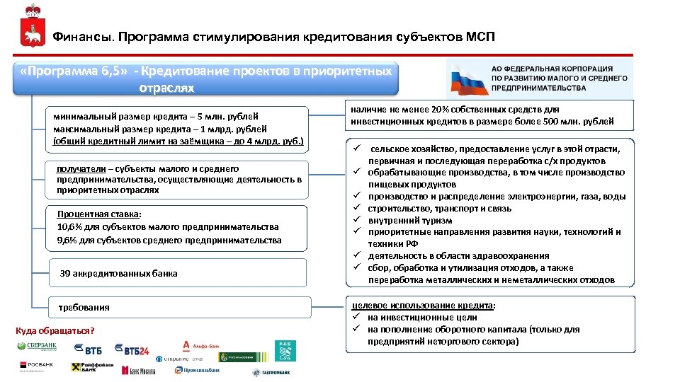 Финансы. Программа стимулирования кредитования субъектов МСП «Программа 6, 5» - Кредитование проектов в приоритетных
