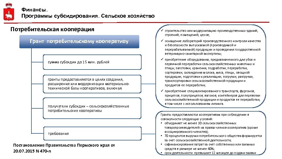 Финансы. Программы субсидирования. Сельское хозяйство Потребительская кооперация Грант потребительскому кооперативу сумма субсидии до 15