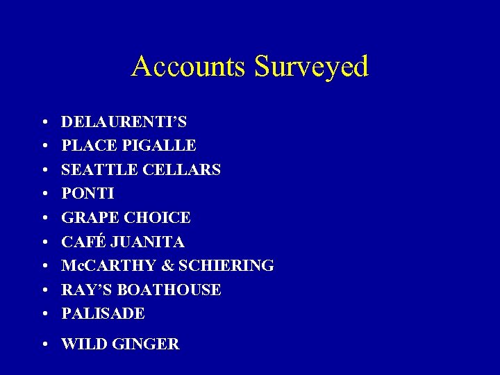 Accounts Surveyed • • • DELAURENTI’S PLACE PIGALLE SEATTLE CELLARS PONTI GRAPE CHOICE CAFÉ
