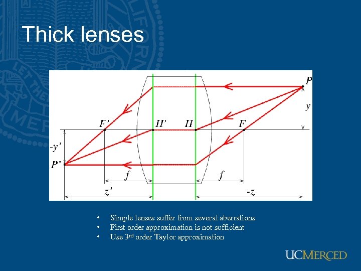 Thick lenses • • • Simple lenses suffer from several aberrations First order approximation