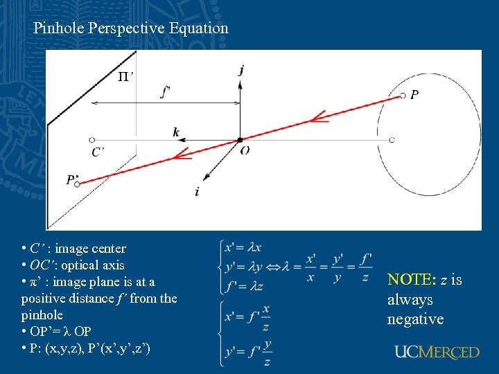 Pinhole Perspective Equation • C’ : image center • OC’: optical axis • π’