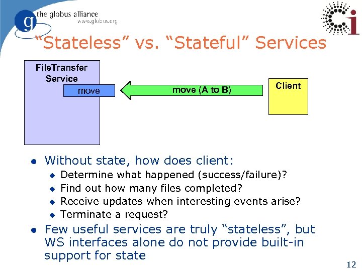 “Stateless” vs. “Stateful” Services File. Transfer Service move l Client Without state, how does