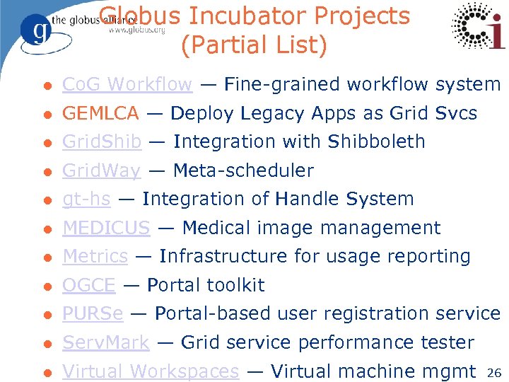 Globus Incubator Projects (Partial List) l Co. G Workflow — Fine-grained workflow system l
