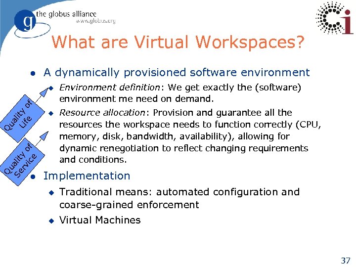 What are Virtual Workspaces? l A dynamically provisioned software environment u Q ua Se