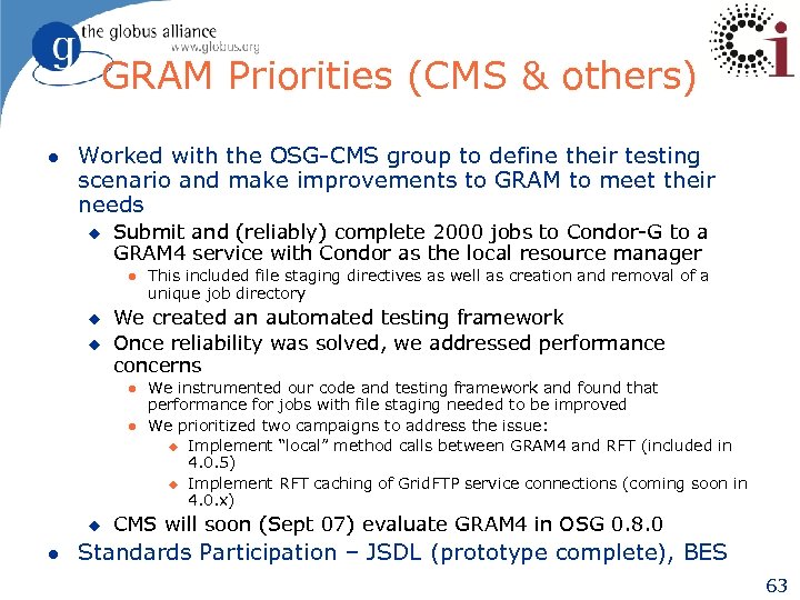 GRAM Priorities (CMS & others) l Worked with the OSG-CMS group to define their