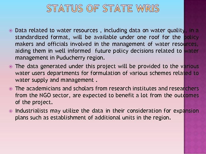  Data related to water resources , including data on water quality, in a