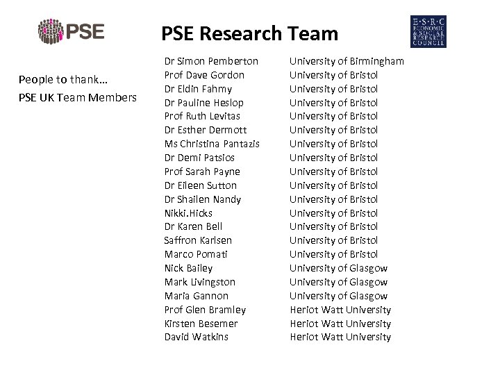 PSE Research Team People to thank… PSE UK Team Members Dr Simon Pemberton Prof
