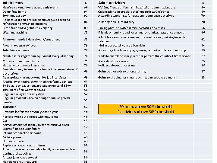 Adult Items Heating to keep home adequately warm Damp-free home Two meals a day