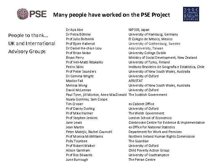 Many people have worked on the PSE Project People to thank… UK and International