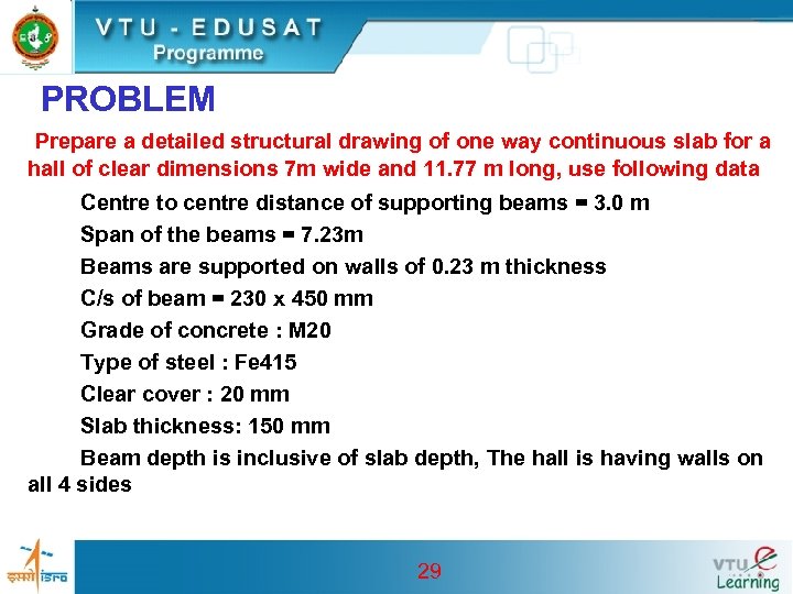 PROBLEM Prepare a detailed structural drawing of one way continuous slab for a hall