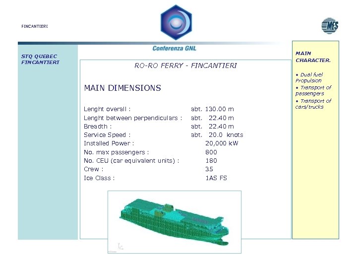 FINCANTIERI STQ QUEBEC FINCANTIERI RO-RO FERRY - FINCANTIERI MAIN DIMENSIONS Lenght overall : Lenght