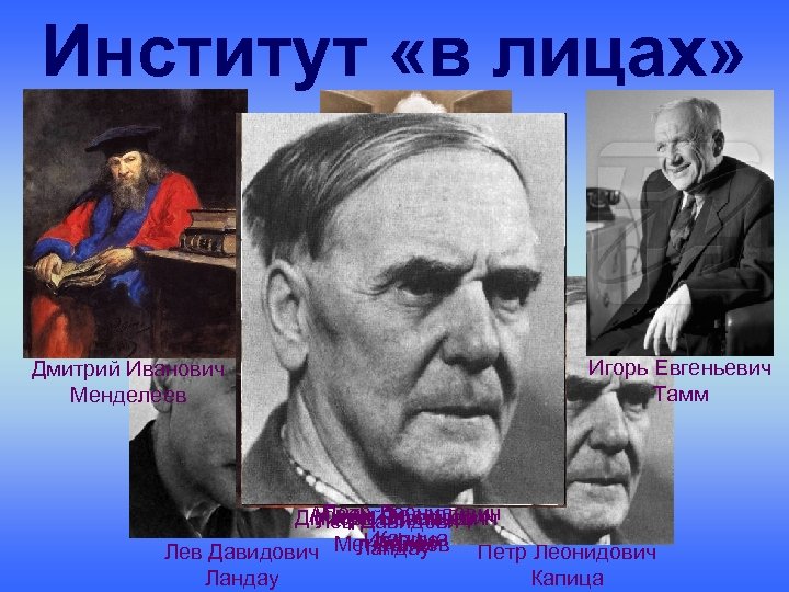 Институт «в лицах» Дмитрий Иванович Менделеев Абрам Федорович Иоффе Игорь Евгеньевич Тамм Петр Леонидович