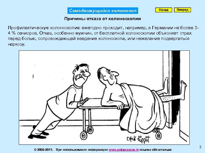 Самодвижущийся колоноскоп Причины отказа от колоноскопии Профилактическую колоноскопию ежегодно проходит, например, в Германии не