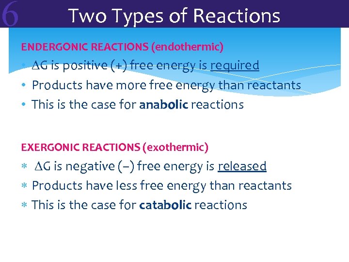 6 Two Types of Reactions ENDERGONIC REACTIONS (endothermic) • DG is positive (+) free