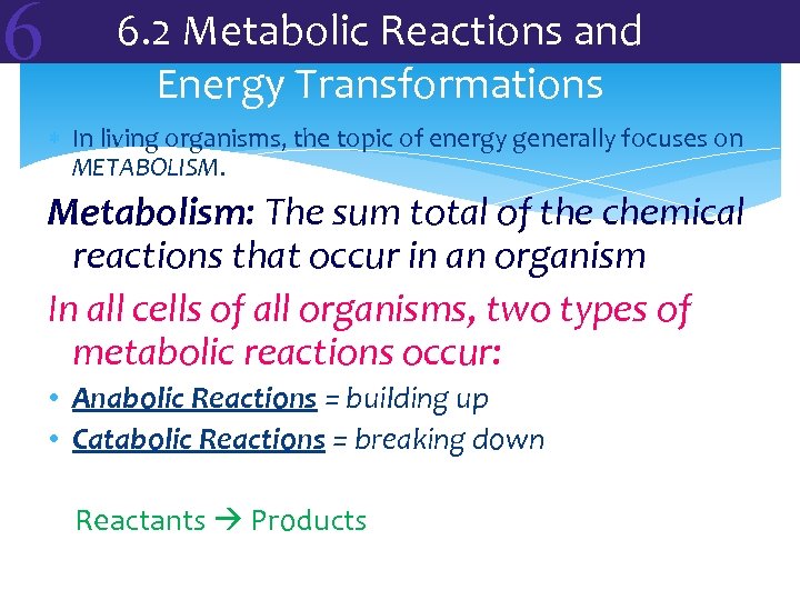 6 6. 2 Metabolic Reactions and Energy Transformations In living organisms, the topic of