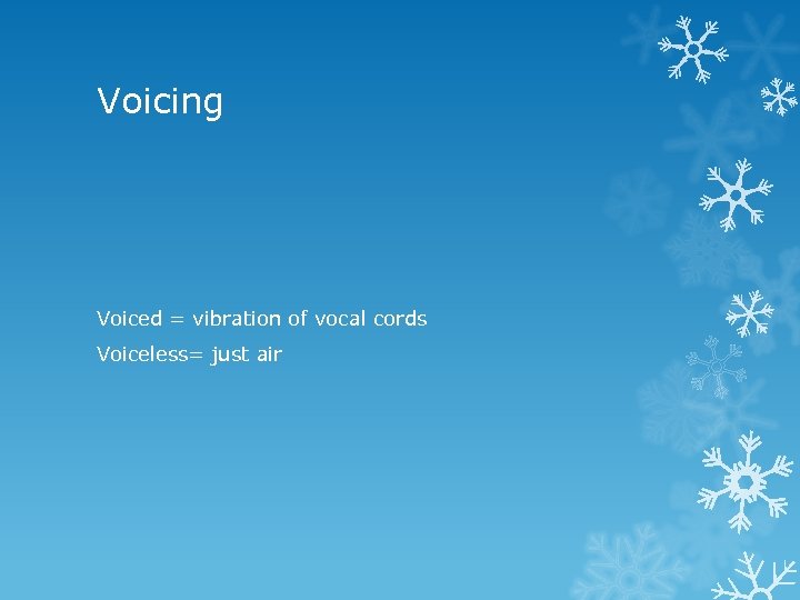 Voicing Voiced = vibration of vocal cords Voiceless= just air 