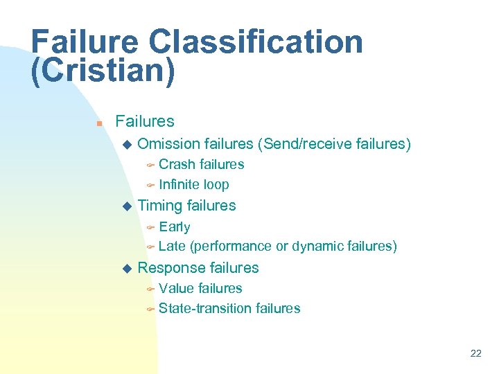 Failure Classification (Cristian) n Failures u Omission failures (Send/receive failures) Crash failures F Infinite